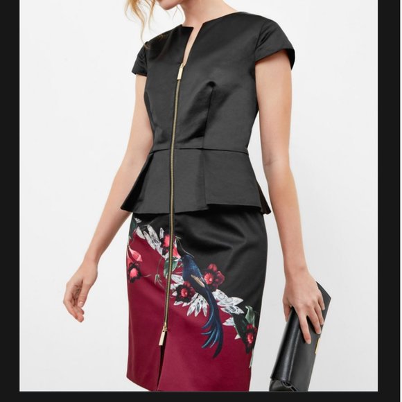 Ted Baker Black Red Jaunel Satin Bejewelled Shadow Peplum Dress size 1 nwot - Picture 1 of 9